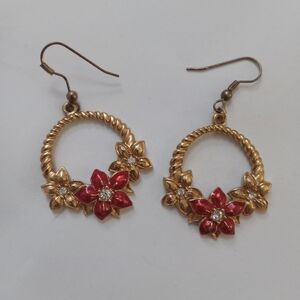 Avon Gold-Tone Hoop Earrings with Red Floral Accents